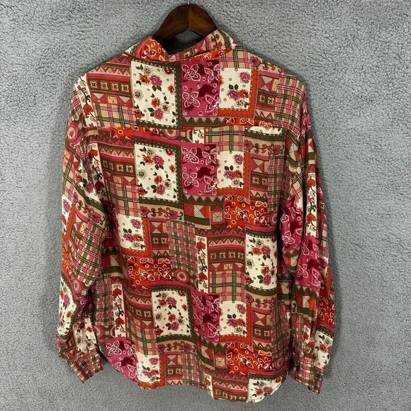 Vintage Button Up Top Womens Large‎ Silk Red Floral Patchwork Boho Indie Hippie - Picture 8 of 8